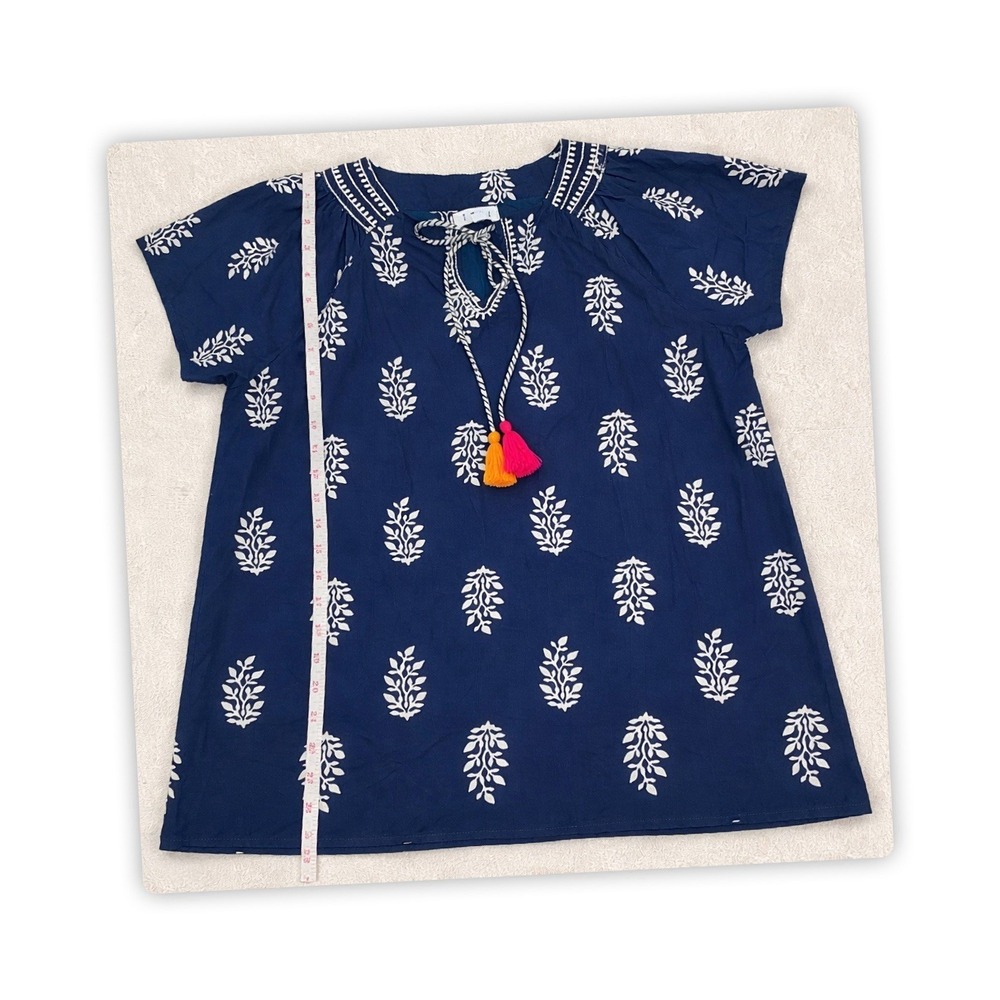 THML Women's Medium Blue Boho Tunic Top 100% Cotton Tassel Tie Neck Embroidered - Picture 4 of 8